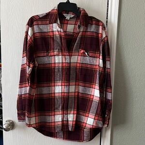 Old Navy Men's Plaid Shirt - Burgundy, White, and Orange